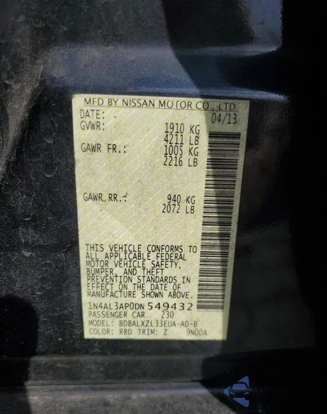 2013 Nissan Altima 2.5 из США, поврежденный, VIN 1N4AL3AP0DN549432